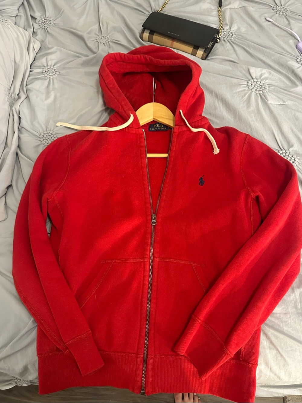 Ralph Lauren Red Full-Zip Hooded Sweater with Navy Pony